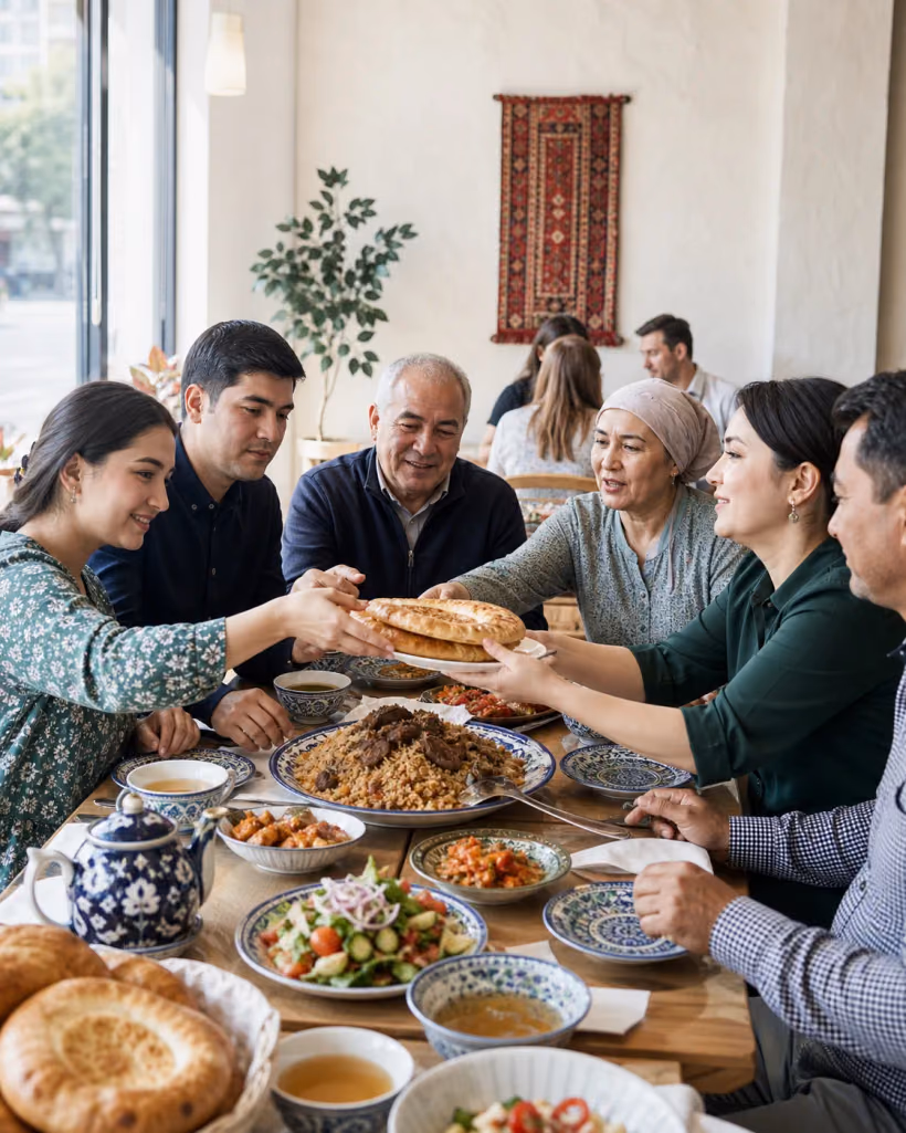 A Central Asian community sharing plov, non, and tea around a neighborhood restaurant table